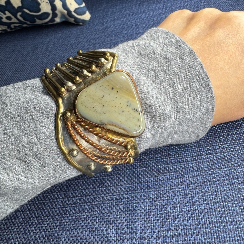 Handcrafted/Brutalist cuff/ bracelet Tri-Tone Gemstone Cuff